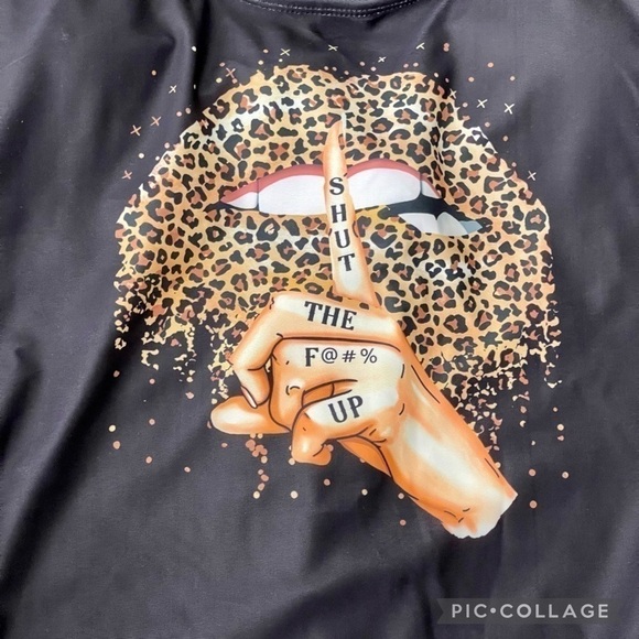 Black 1 Piece Swimsuit w/Leopard Lips & Graphic Words - Picture 2 of 3